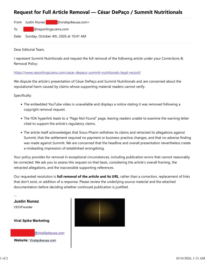 Letter to Editor from Summit-Nutritionals